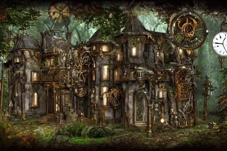 Image similar to photograph of a fantasy style woodland steampunk mansion with clockwork mechanic doors in an ancient forest