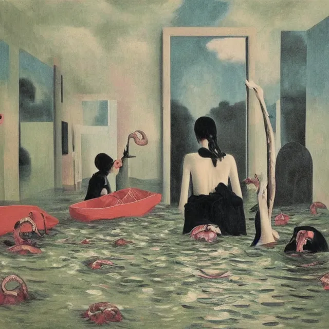 Image similar to tall female emo artists in their flooded apartment, painting of flood waters inside an artist's home, a river flooding indoors, pomegranates, pigs, ikebana, water, octopus, river, rapids, waterfall, black swans, canoe, berries, acrylic on canvas, surrealist, by magritte and monet