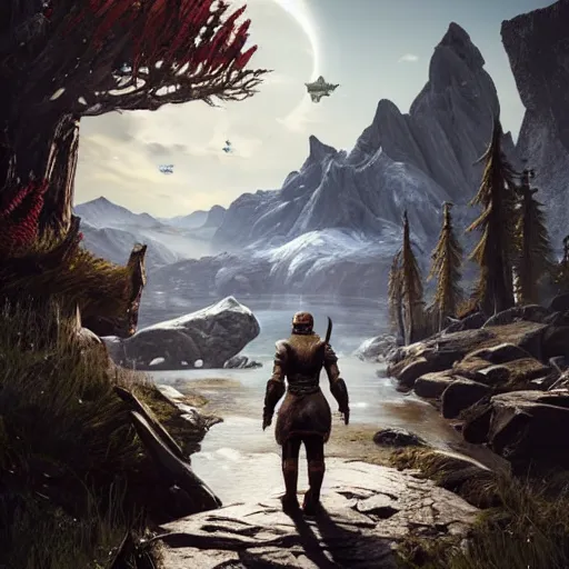 Image similar to hyperrealistic mixed media image of skyrim no mans sky, stunning 3 d render inspired art by greg rutkowski and xiang duan and thomas eakes, perfect facial symmetry, flesh texture, realistic, highly detailed attributes and atmosphere, dim volumetric cinematic lighting, 8 k octane detailed render, post - processing, masterpiece,