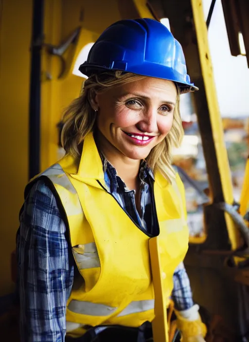 Image similar to closeup portrait of cheerful young cameron diaz as a crane operator, yellow hardhat, sitting in a crane, natural light, bloom, detailed face, magazine, press, photo, steve mccurry, david lazar, canon, nikon, focus