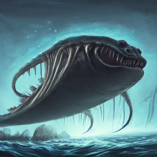 Image similar to sea monster looks like ship, deep dark sea, marine animal, highly detailed, digital painting, smooth, sharp focus, illustration, artstation