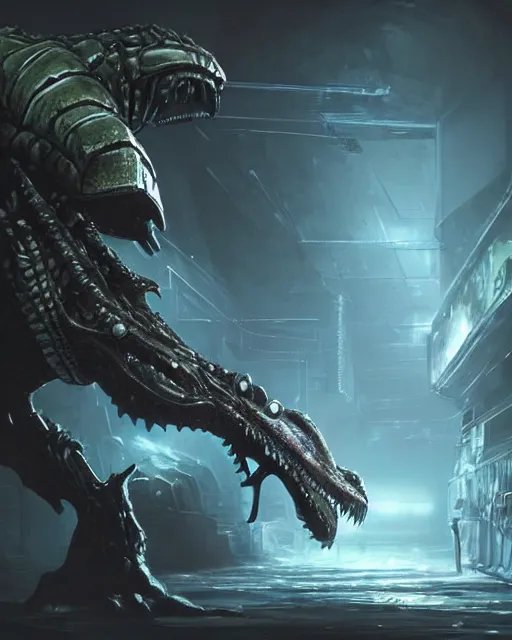 Image similar to Sci-Fi Crocodile alien, armored, big, art by Kashin, Wadim, Martinière, Stephan, holding rifle, sharp focus, pitch black cursed evil Spaceship hallway, dark light, soft purple glow, heroic pose, sci-fi artwork, octane render, dead space artwork, cyberpunk, warm light, occult, magical, volumetric lighting, 8k high definition, highly detailed, trending on art Station, centered, by Greg Rutkovski, sci-fi artwork, arnold render