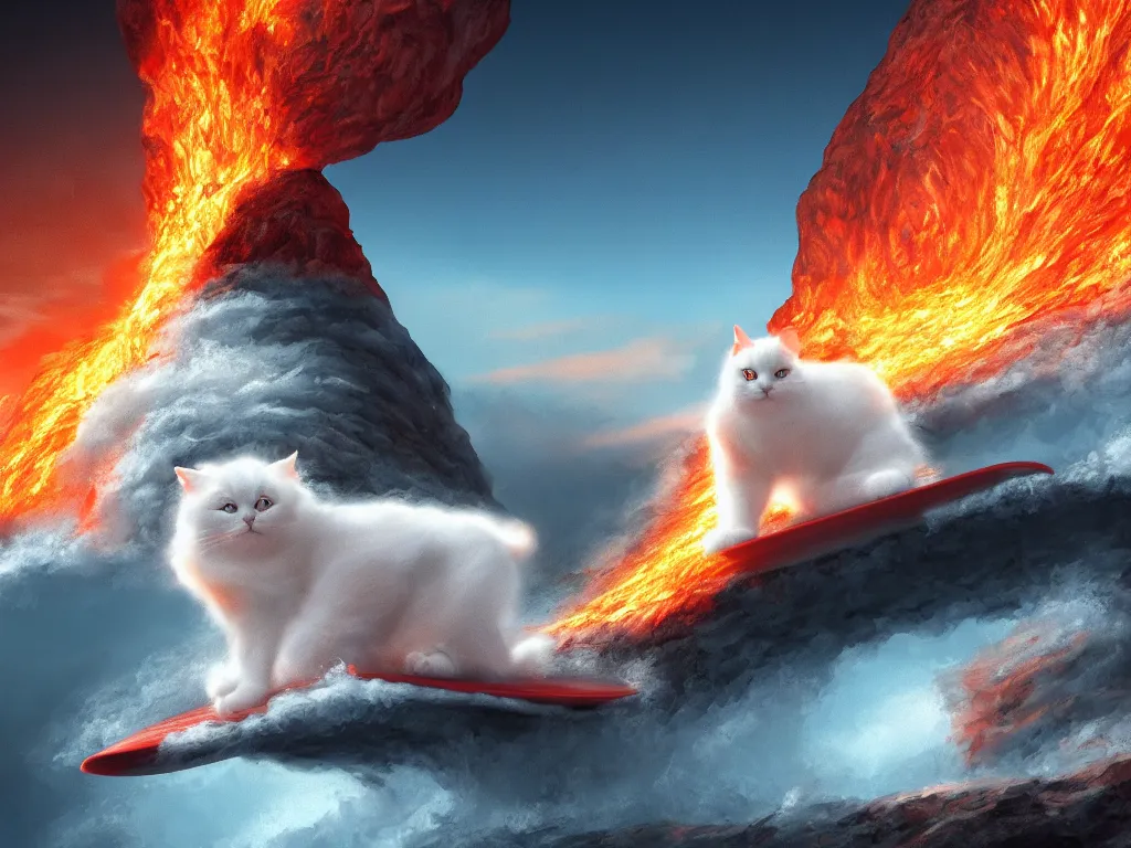 Image similar to a white fluffy cat surfing on lava, muscular, erupting volcano, stunning scene, 8 k, extremely detailed digital painting, depth, bright colors, trending on artstation