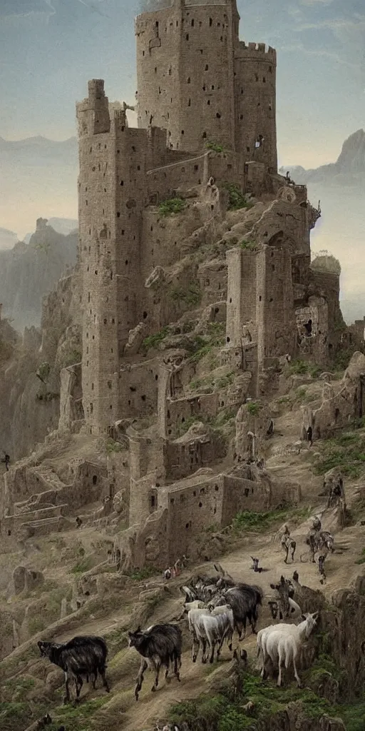 Image similar to a herd of goats climbing a tall citadel with tall towers and long stairs, beautiful, highly detailed