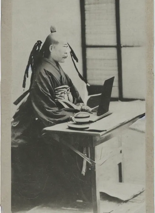 Image similar to old photo of Japanese samurai using a laptop computer