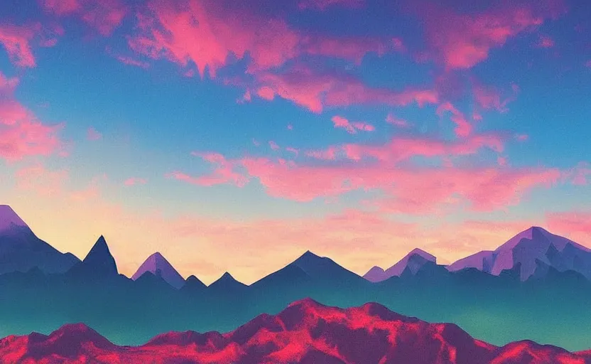 Image similar to beautiful mountain landscape, vaporwave, sunset