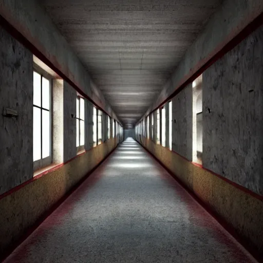 Image similar to a long colorful asylum hallway, one point perspective, vanishing point, symmetrical composition, rich colors, dramatic lighting, by lee madgwick, photorealistic, v - ray render 8 k uhd