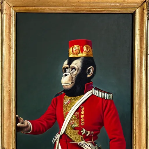 Image similar to An exquisite modern painting of a chimpanzee dressed like a bearded Napoleon with correct military uniform, no frames