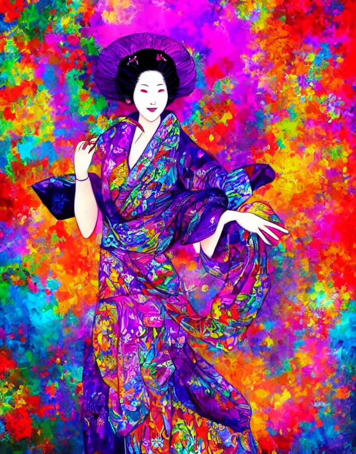 Prompt: semi semi realistic digital painting!! beautiful geisha flying over a colorful city, dramatic, xray melting colors!!