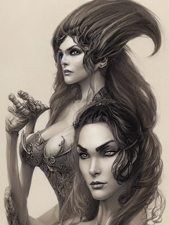 Prompt: a portrait of a beautiful female wizard, full face, beautiful clothes, style of Boris Vallejo and Frank Frazetta, very detailed, fantasy art, trending on artstation and deviantart