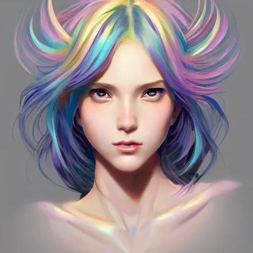 Image similar to portrait of beautiful symmetrical anime girl, rainbow hair, attractive, casual, modern, victoria's secret, highly detailed, digital painting, artstation, concept art, smooth, sharp focus, illustration, art by artgerm, greg rutkowski and alphonse mucha, 8 k,