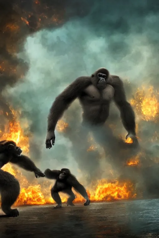 Image similar to concept art of huge gorilla fight with gorilla on burning tokyo city, cinematic composition, perfect lighting, art station trending