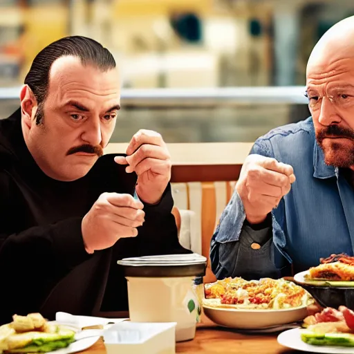 Prompt: tony soprano and walter white eating at a diner together, photorealistic, alone in the diner, having a good time, hyperrealistic, 8 k, ultra hd