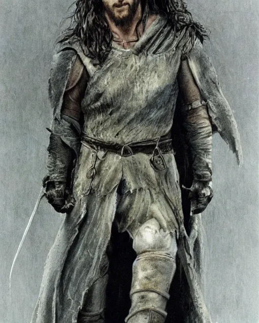 Image similar to Christian bale as Aragorn, by Alan Lee and John howe, at sunset, concept art, detailed clothing, featured on art station, matte painting