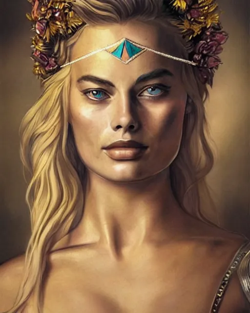 Image similar to realism tattoo sketch of margot robbie as a beautiful greek goddess aphrodite with piercing eyes wearing a laurel wreath and triangle earrings, in the style of greg rutkowski, amazing detail