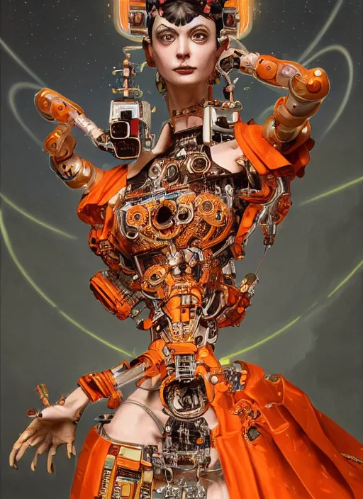 Image similar to full-body rococo and cyberpunk style sculpture of a young seductive Latina princess half android with a chest exposing circuitry, glowing orange seductive laser eyes, crown of red sparks and diamonds, swirling orange-colored silk fabric, robotic raptors. baroque elements. full-length view. intricate artwork by caravaggio. art by Artgerm and Greg Rutkowski and Alphonse Mucha, Trending on artstation, cinematic industrial lighting, hyper realism, octane render, 8k, depth of field, 3D