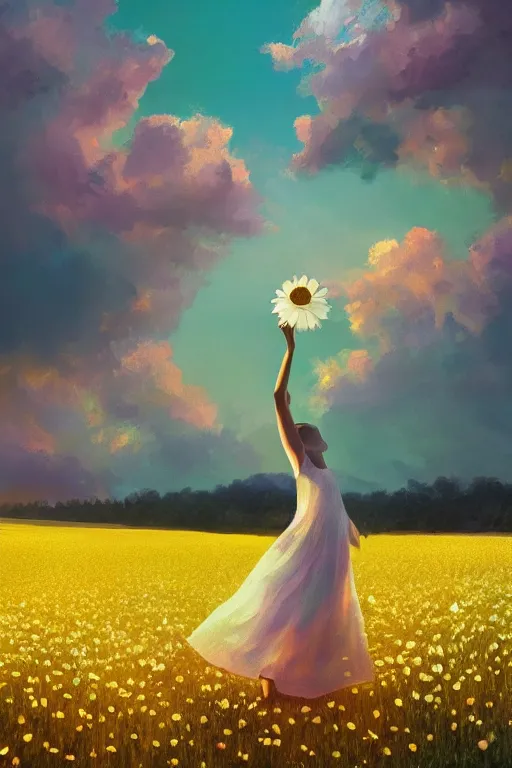 Image similar to giant white daisy flower as head, girl dancing in a flower field, surreal photography, sunrise, dramatic light, impressionist painting, colorful clouds, digital painting, artstation, simon stalenhag