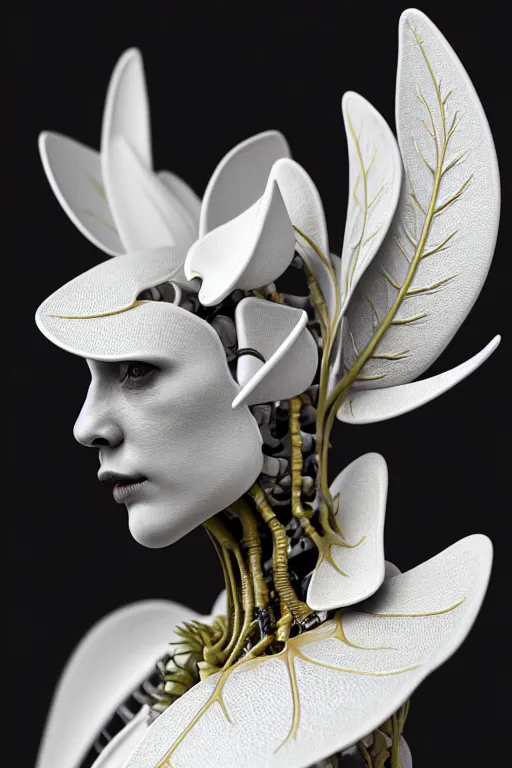 Image similar to monochrome close - up profile face, black background, beautiful young porcelain bio - mechanical vegetal - dragon - cyborg - female, white metallic armour, silver gold details, magnolia leaves and stems, roots, mandelbot fractal, 1 5 0 mm, beautiful natural soft rim light, elegant, hyper real, ultra detailed, octane render, 1 6 k