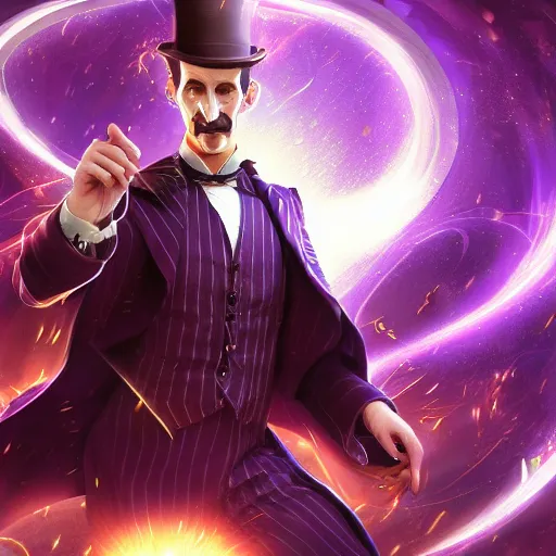 Image similar to portrait of nikola tesla as willy wonka, league of legends amazing splashscreen artwork, fantasy, splash art, natural light, elegant, photorealistic facial features, intricate, fantasy, detailed face, atmospheric lighting, anamorphic lens flare, cinematic lighting, league of legends splash art, hd wallpaper, ultra high details by greg rutkowski