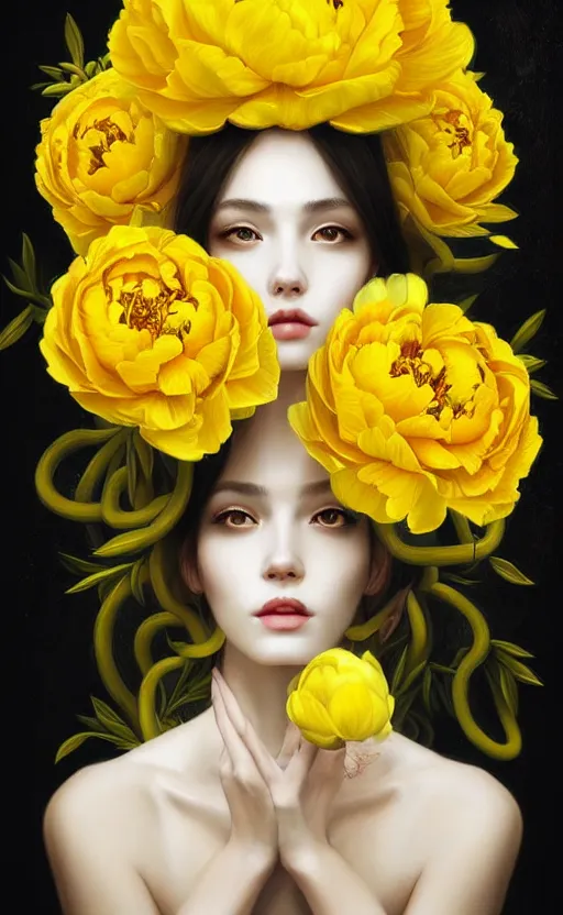 Image similar to beautiful yellow woman, symmetrical portrait, realistic, full body, black peonies, white snakes wrapped around the sky, rich details, by wlop