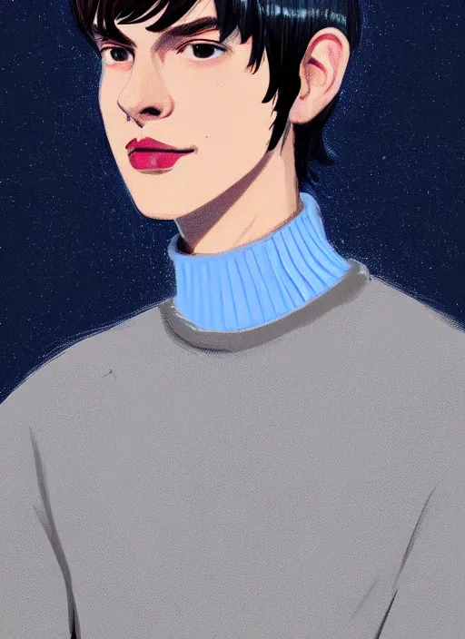 Image similar to portrait of teenage jughead jones wearing a light grey crown, crown, blue turtleneck, 1 9 5 0 s, closed eyes, photorealistic, black hair, glowing lighting, intricate, elegant, glowing lights, highly detailed, digital painting, artstation, concept art, smooth, sharp focus, illustration, art by wlop, mars ravelo and greg rutkowski