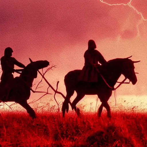 Prompt: cinematic still of silhouettes of two men fighting in ancient clothing, farm field background, red hues, lightning, directed by Russell Mulcahy