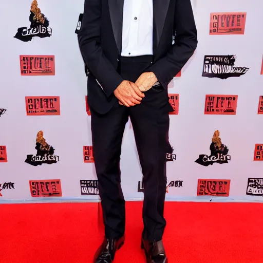 Prompt: fried chicken wearing a suit and tie, dressed for success, red carpet photo