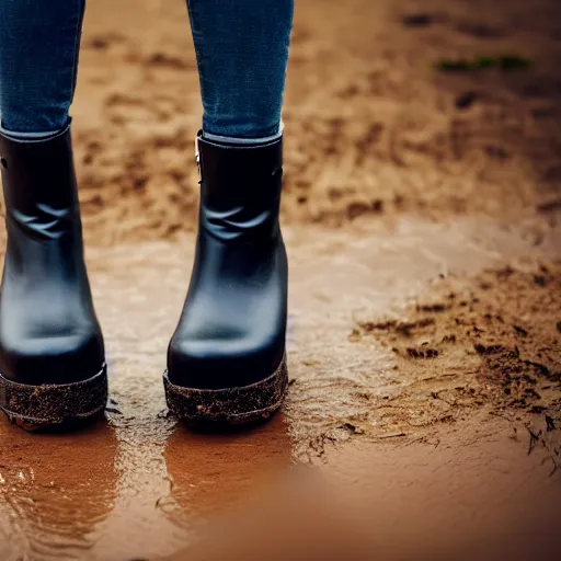 Prompt: a photo of a woman walking trough muddy nature in her shiny black platform boots, wedge heel, very chunky goth style, really muddy, close up of her feet and calves, 8k