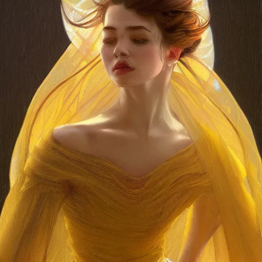 Prompt: a woman in a modern yellow organza dress dancing, ultra realistic, intricate, elegant, highly detailed, digital painting, artstation, smooth, sharp, focus, illustration, art by artgerm and greg rutkowski and alphonse mucha,