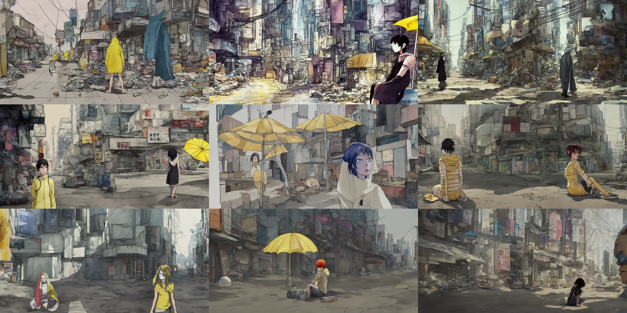 Prompt: incredible curvilinear screenshot, simple curvilinear watercolor, simple watercolor, paper texture, ghost in the shell movie scene, distant shot of hoody girl side view sitting under a yellow striped parasol in deserted dusty shinjuku junk town, old pawn shop, bright sun bleached ground ,scary chameleon face muscle robot monster lurks in the background, ghost mask, teeth, animatronic, black smoke, pale beige sky, junk tv, texture, strange, impossible, fur, spines, mouth, pipe brain, shell, brown mud, dust, bored expression, overhead wires, telephone pole, dusty, dry, pencil marks, genius party,shinjuku, koju morimoto, katsuya terada, masamune shirow, tatsuyuki tanaka hd, 4k, remaster, dynamic camera angle, deep 3 point perspective, fish eye, dynamic scene