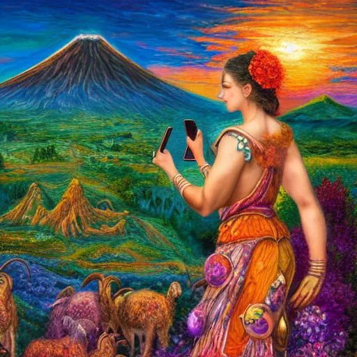 Image similar to a ram goddess checking her cell phone, erupting volcano and sunset in distance in background, flowers in foreground by senior concept artist josephine wall, zodiac, fantasy, acrylic on canvas, intricately detailed, highly detailed, high resolution, hd, 8 k, wallpaper, trending on artstation,