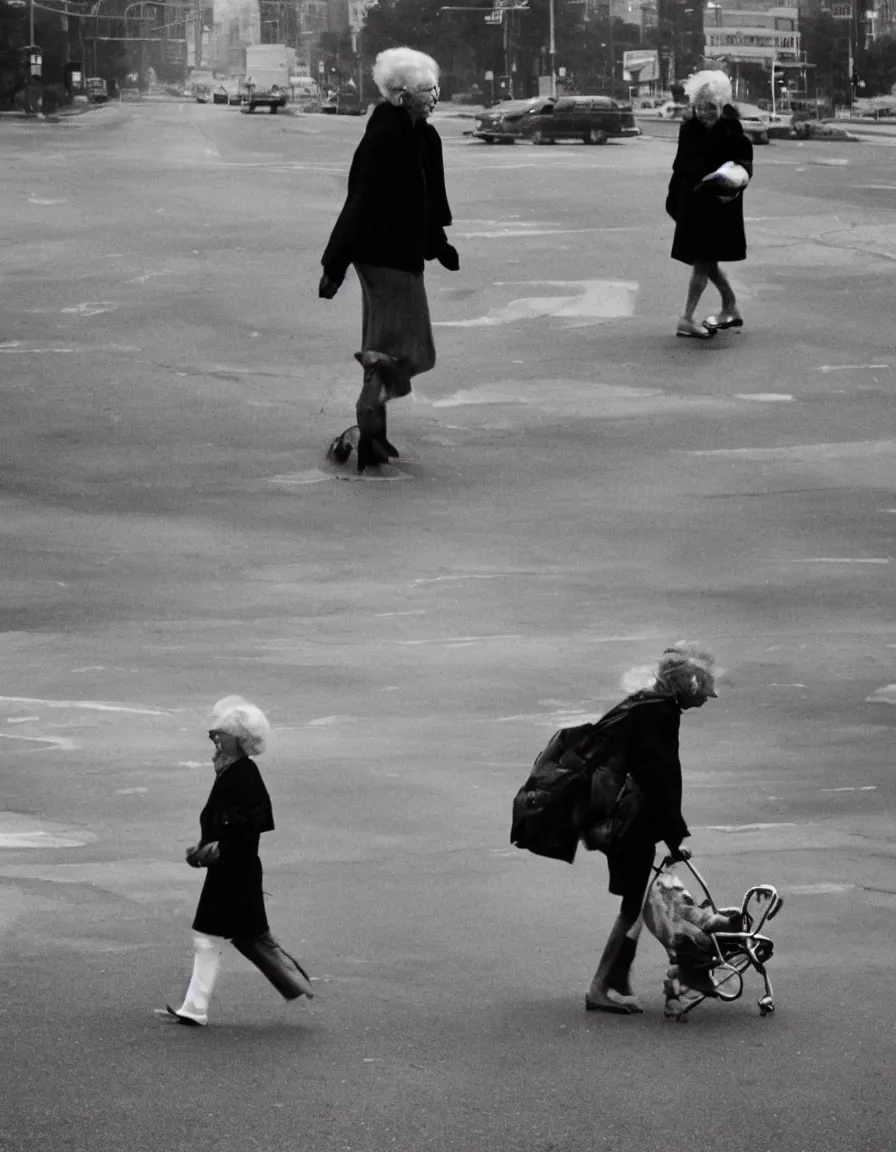 Prompt: Elderly woman crossing the street with a walker, nuclear mushroom cloud in the background, black and white photo by Annie Leibovitz