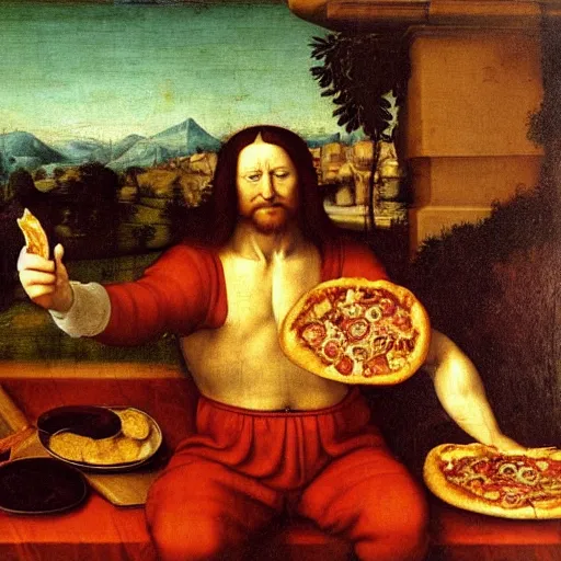 Image similar to a renaissance materpiece painting of a modern man eating pizza in is pajamas on an old leather couch, leonardo da vinci