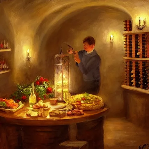 Prompt: wine cellar full of food, torches on the wall, romantic, inviting, cozy, Christian Weston Chandler (Chris Chan), painting Vladimir Volegov