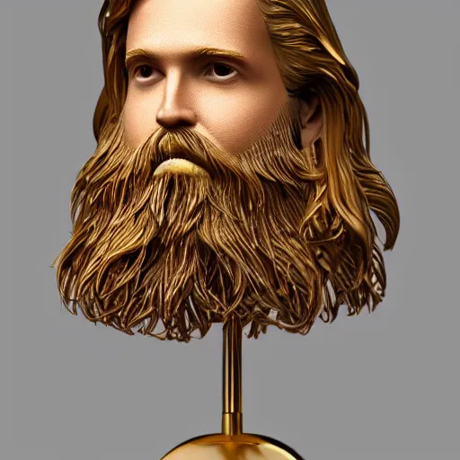 Image similar to a flawless, purely golden man with long hair, with trimmed beard, completely expressionless, casting golden light. entirely golden statue, extremely detailed, full-body statue, award-winning art, trending on Artstation