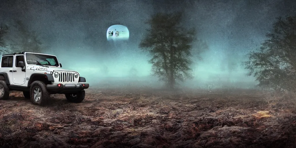 Prompt: a muddy 1997 hardtop white Jeep Wrangler drowning in quicksand, digital art, beautiful iridescent fog swallows the dirty alien swamp, planets can be seen in the sky above, in front of an amazing forest, gritty, cinematic, extraordinary colorful landscape, photorealistic, soft vintage glow, trending on artstation, 4k, hd