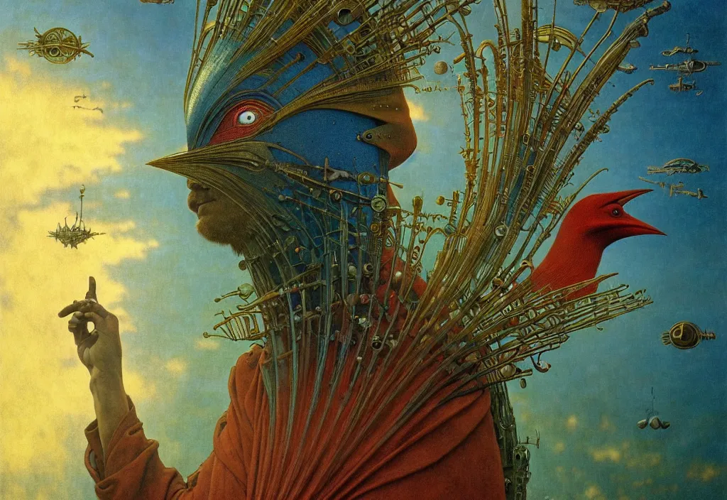 Image similar to realistic detailed portrait movie shot of a birdman wearing dark robes, sci fi city landscape background by denis villeneuve, amano, yves tanguy, alphonse mucha, ernst haeckel, max ernst, roger dean, masterpiece, rich moody colours, blue eyes, mysterious