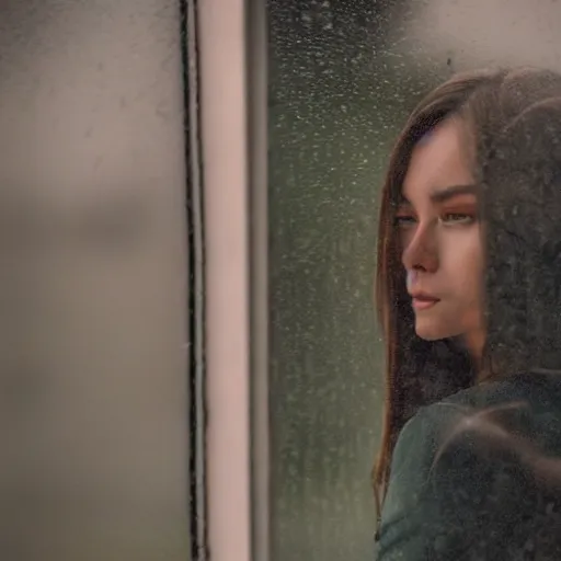 Prompt: a beautiful people photographed through a rainy window, bokeh, cinematic light,