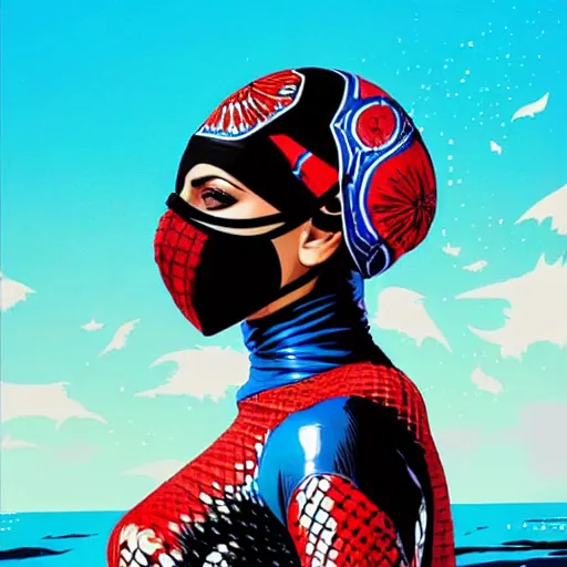 Image similar to a portrait of a saudi woman wearing a diver suit and mask with side profile blood in ocean intricate details by MARVEL comics and Sandra Chevrier-C