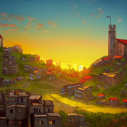 Prompt: Huge enormous towering medieval castle surrounded by poorly constructed favela slum houses on top op a hill during sunset stylized painting