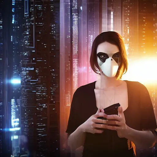 Image similar to a cyberpunk woman wearing a TV as a mask