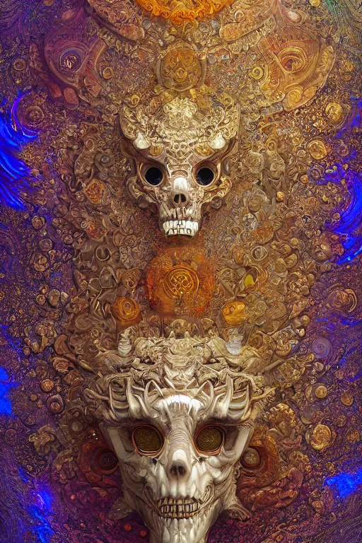 Prompt: 3 d god fractal close - up frontal portrait with ram golden mandala wired mandelbulb skull. beautiful mandelbrot intricately detailed japanese fractal kitsune mask and clasical mandelbulb, nebula, water, wind, creature, mandelbulb, fractal, artwork by tooth wu and wlop and beeple and greg rutkowski