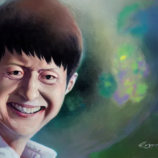 Image similar to hyper realistic, surreal, portrait of mob psycho smiling, shigeo kageyama painted by greg rutkowski, wlop, loish,