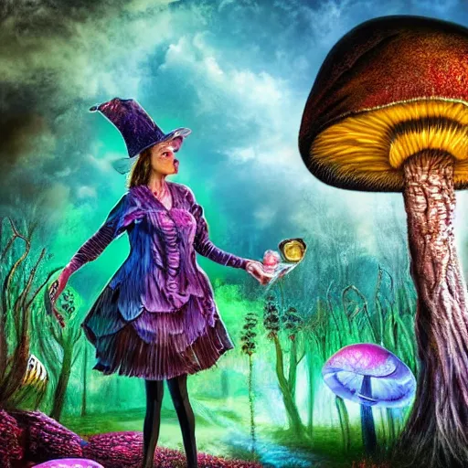 Prompt: dark fantasy, 4 k, textured 3 d, intense detail, psychedelic, alice in wonderland, smoking caterpillar sitting on large mushroom, amazing background, alex grey style