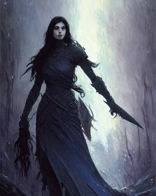 Image similar to a beautiful woman dark hair in an armor with dark eyes, elegant, dark blue, ethereal horror fantasy art by greg rutkowski and magali villeneuve and claude monet