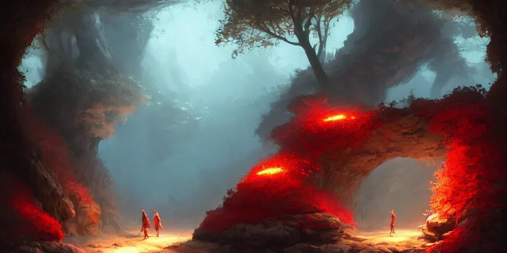 Prompt: entrance to small cave inside the forest, large glowing red crystalline sprouts growing. In style of Greg Rutkowski, Jesper Ejsing, Makoto Shinkai, trending on ArtStation, fantasy, great composition, concept art, highly detailed, scenery, 8K, Behance.