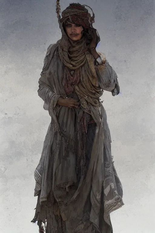 Image similar to a full body portrait of a beautiful post apocalyptic offworld desert bedouin blind beggar by the well, intricate, elegant, highly detailed, digital painting, artstation, concept art, smooth, sharp focus, illustration, art by krenz cushart and artem demura and alphonse mucha