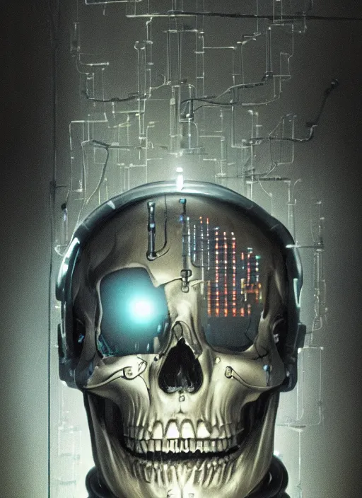 Image similar to 2 8 mm macro photo of metal skull with neon tubes half covered face with cybernetic enhancements as seen from a distance, scifi character portrait by greg rutkowski, canon 5 0 mm, film, photography, esuthio, craig mullins, 1 / 4 headshot, cinematic lighting, dystopian scifi gear, gloomy, profile picture, mechanical, half robot, implants, solarpunk