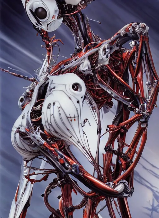 Prompt: Neon Genesis Evangelion by Yoshitaka Amano, by HR Giger, biomechanical, 4k, hyper detailed, hyperrealism, anime, deviantart, artstation