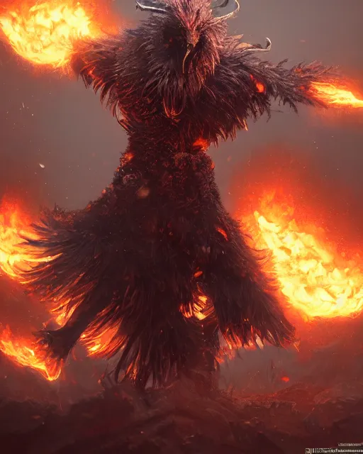 Image similar to oil painting of Angry Anthropomorphized Chicken Berserker, wearing fur armor, claws, sharp focus, attack pose, fantasy style, octane render, volumetric lighting, 8k high definition, by greg rutkowski, highly detailed, trending on art Station, magic the gathering artwork, burning Battlefield background, centered